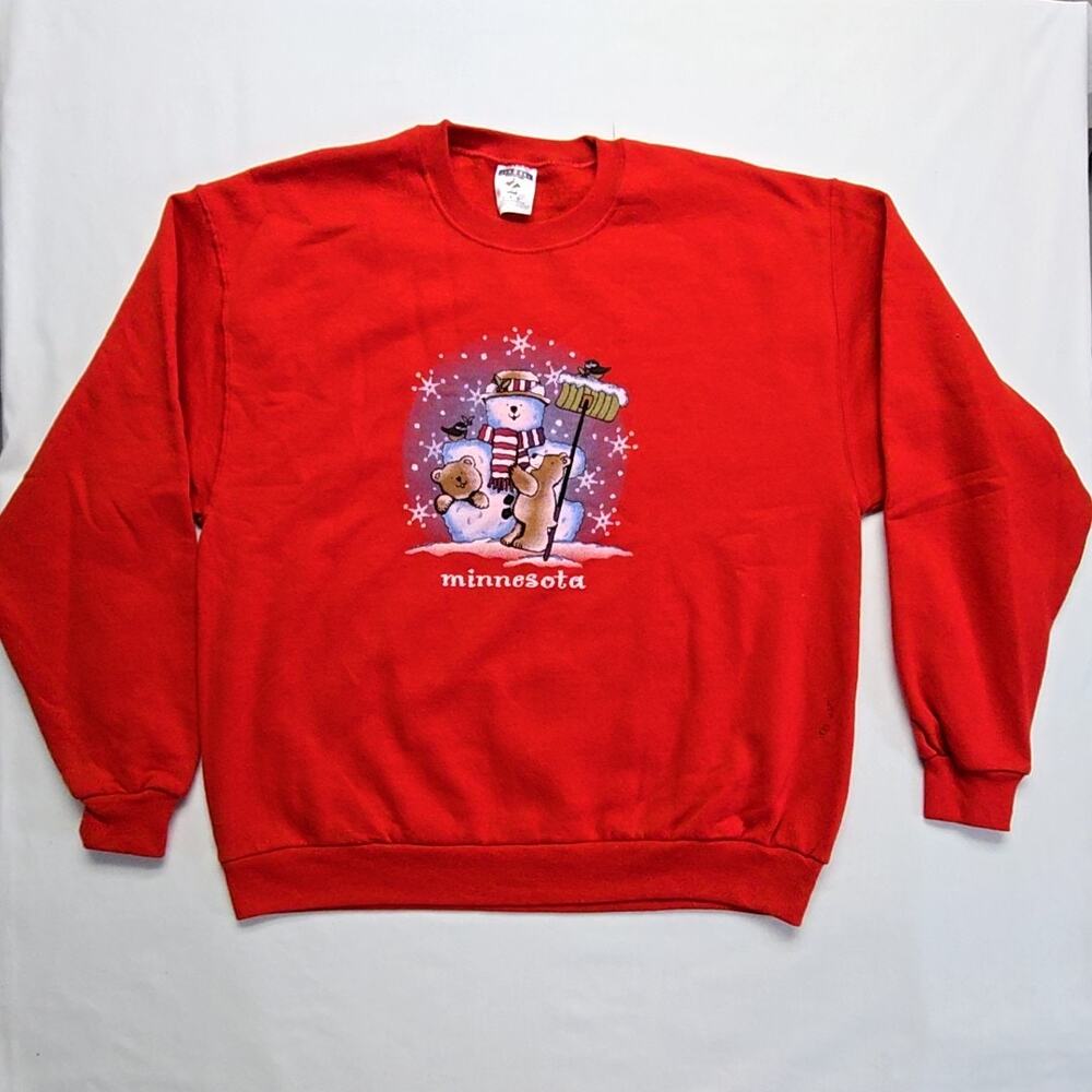 Vintage Minnesota Snowman Sweatshirt Jerzees Red Large Christmas Pullover 90s - Picture 1 of 8